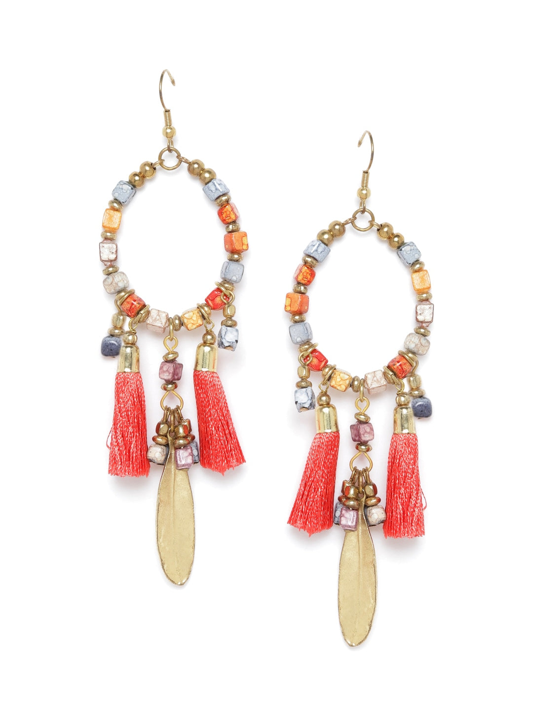 Coral Red & Blue Gold-Plated Beaded Tasselled Oval Drop Earrings