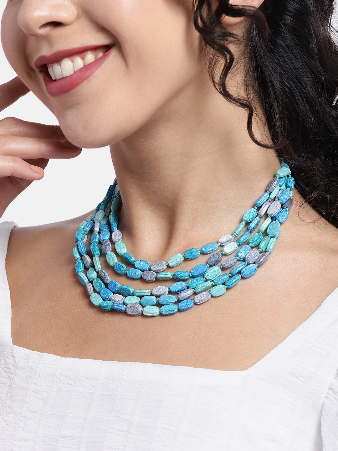 Blue Artificial Beads Layered Necklace