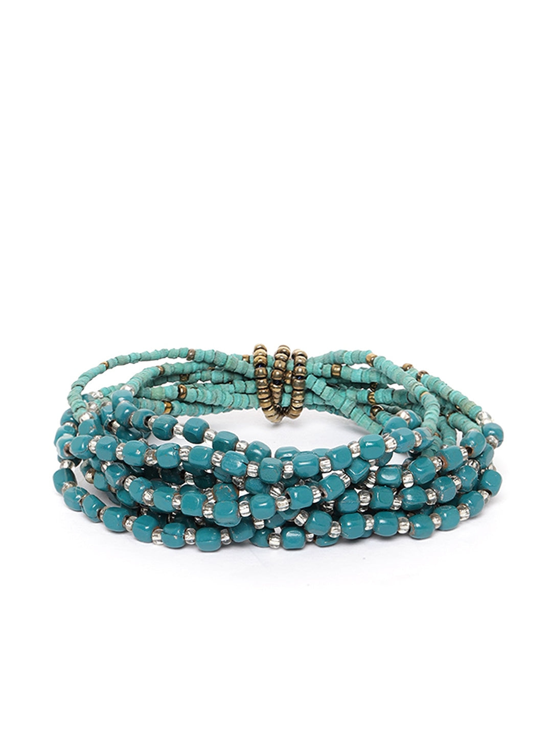 Teal Green & Antique Gold-Toned Beaded Multistranded Elasticated Bracelet