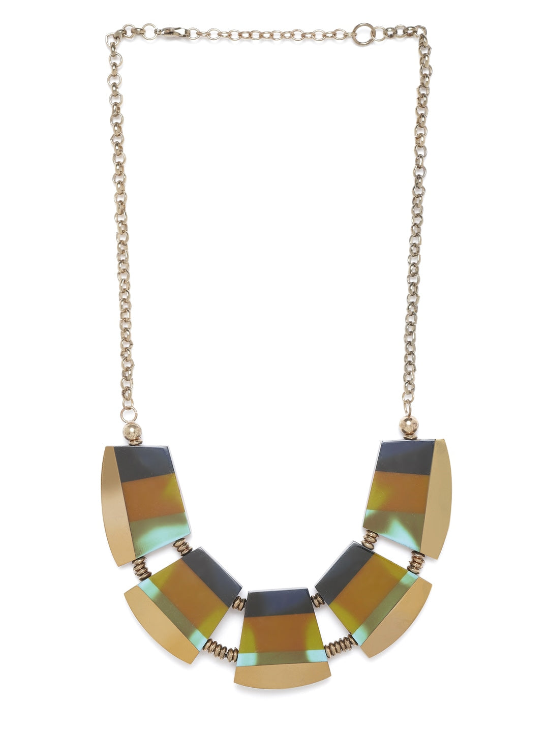 Mustard Brown & Black Antique Gold-Plated Resin Print Necklace