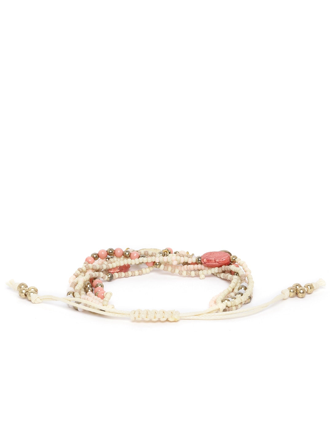 Peach-Coloured & Off-White Gold-Plated Beaded Multistranded Bracelet