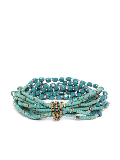 Teal Green & Antique Gold-Toned Beaded Multistranded Elasticated Bracelet