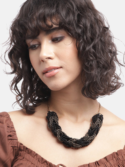 Gold-Plated Artificial Black Beaded Necklace