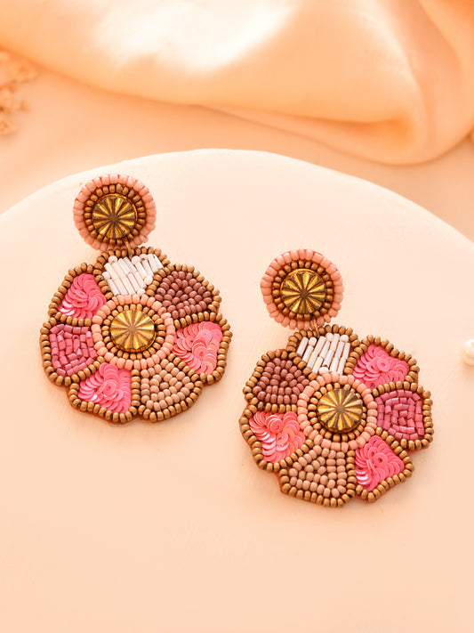 RICHEERA Pink Beaded Floral Drop Earrings - Richeera