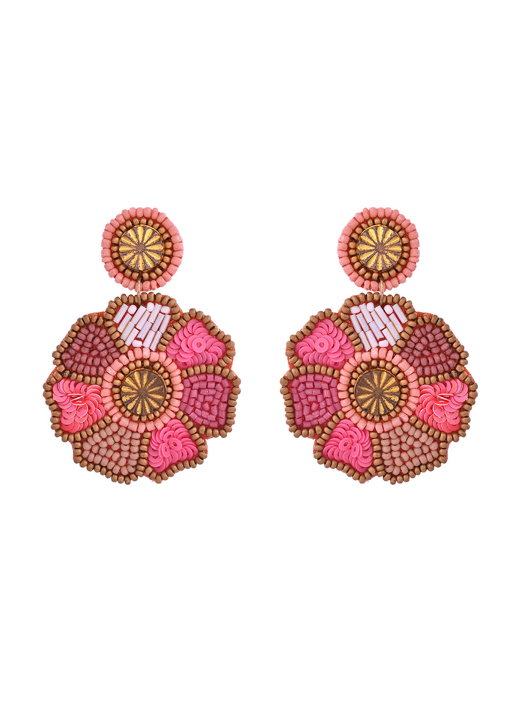 RICHEERA Pink Beaded Floral Drop Earrings - Richeera