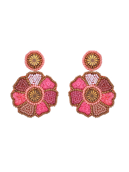 RICHEERA Pink Beaded Floral Drop Earrings - Richeera