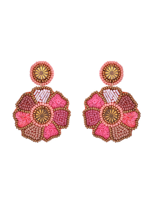 RICHEERA Pink Beaded Floral Drop Earrings - Richeera