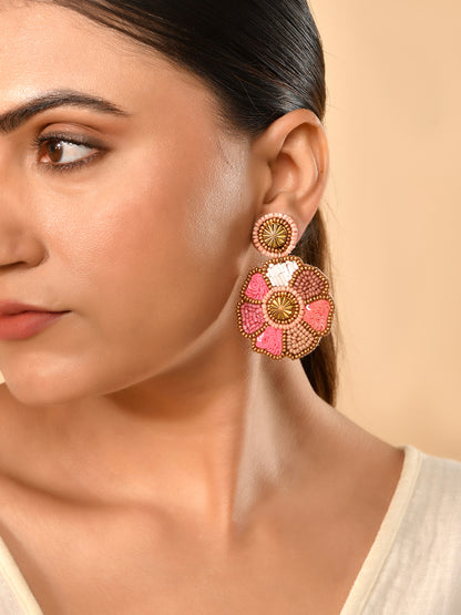 RICHEERA Pink Beaded Floral Drop Earrings - Richeera