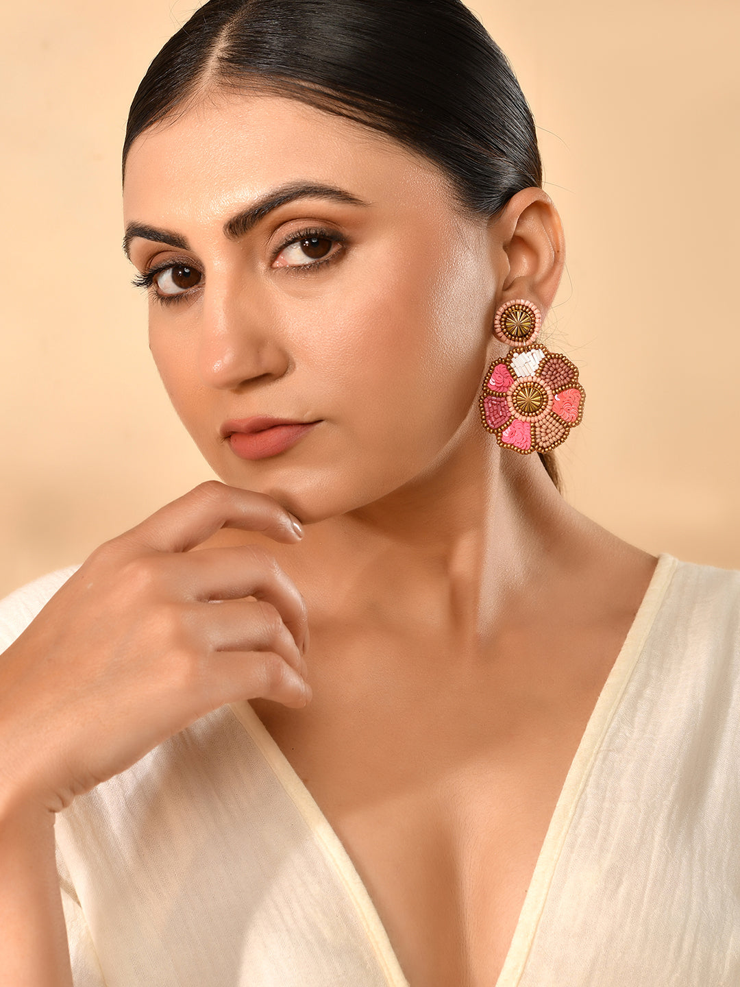 RICHEERA Pink Beaded Floral Drop Earrings - Richeera