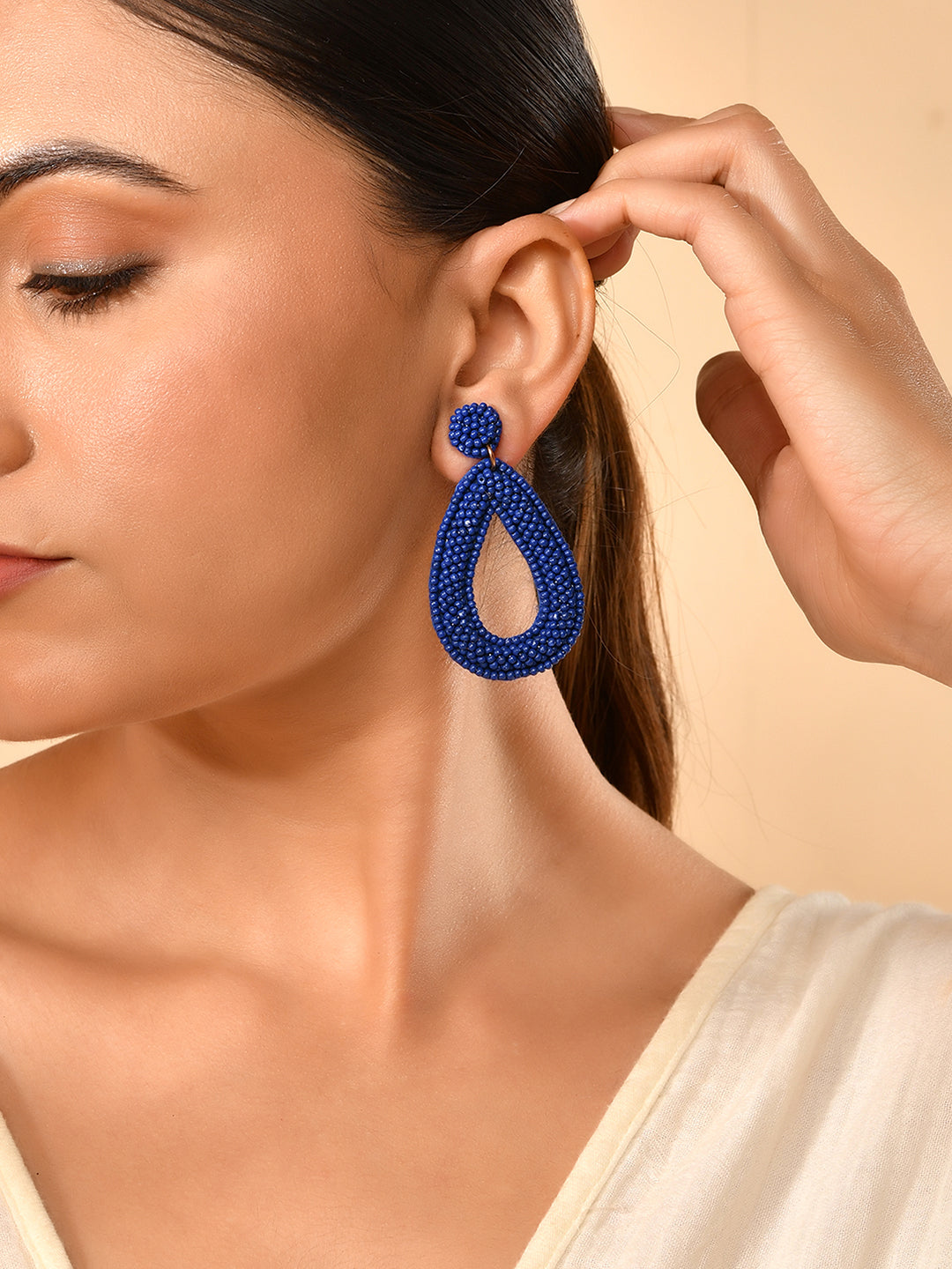 RICHEERA Blue Beaded Teardrop Shaped Drop Earrings - Richeera