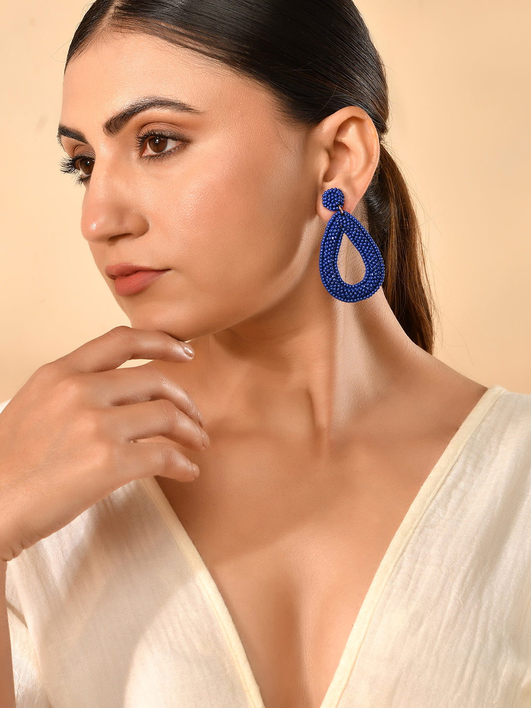 RICHEERA Blue Beaded Teardrop Shaped Drop Earrings - Richeera