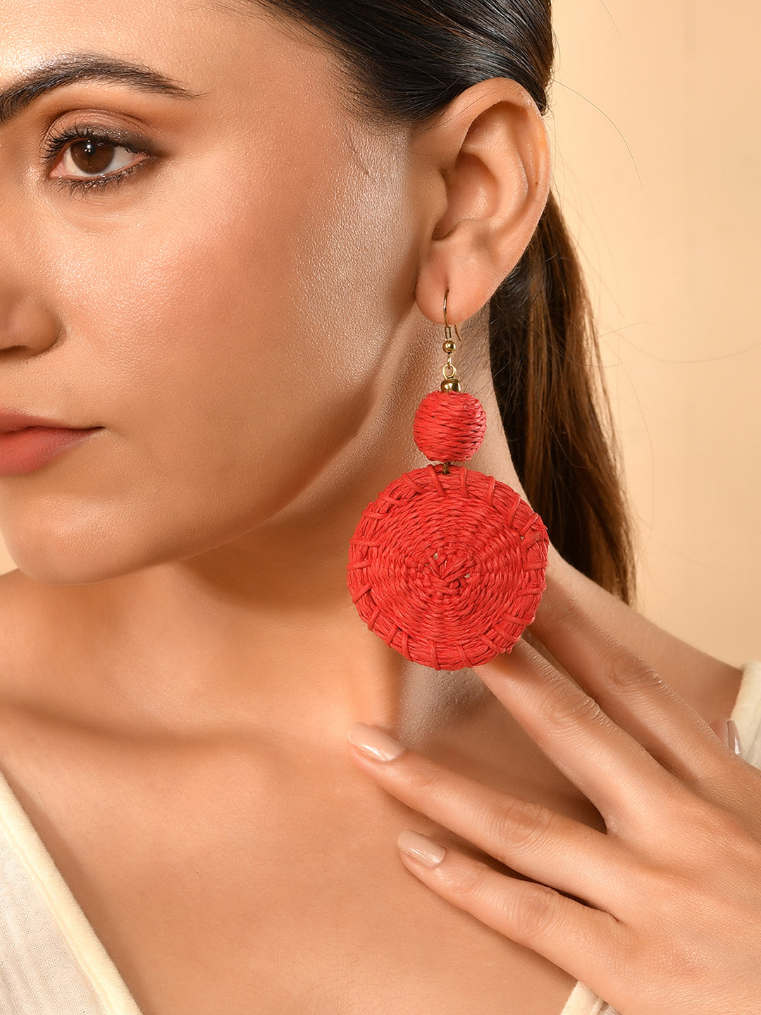 RICHEERA Red Fabric Circular Drop Earrings - Richeera