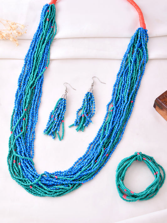 RICHEERA Silver-Plated Blue & Green Beaded Jewellery Set - Richeera