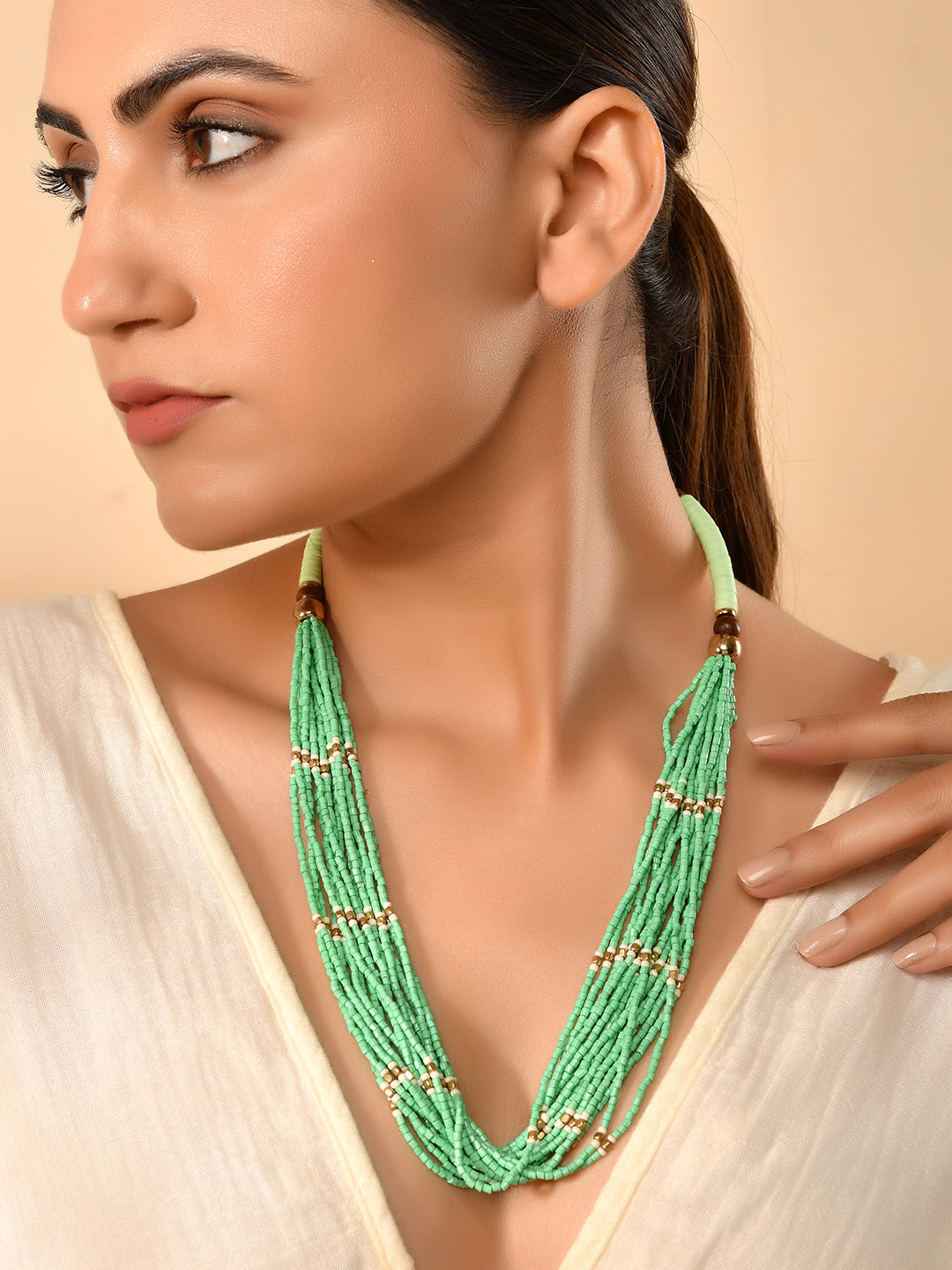 RICHEERA Gold-Plated Green Beaded Handcrafted Necklace for Women - Richeera