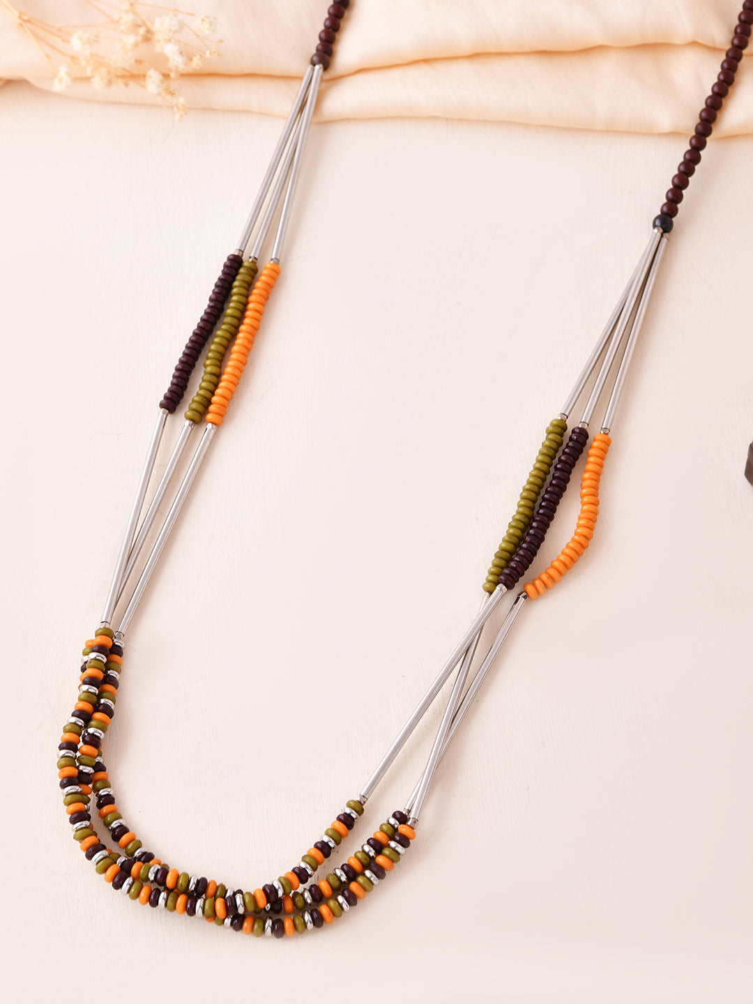 RICHEERA Silver-Plated Pink & Brown Beaded Layered Necklace - Richeera