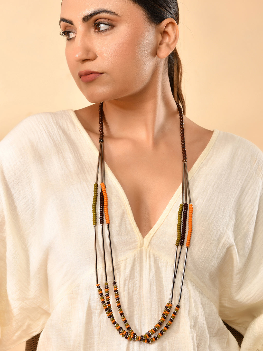 RICHEERA Silver-Plated Pink & Brown Beaded Layered Necklace - Richeera