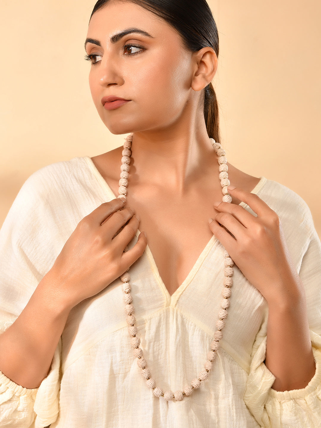 RICHEERA Gold-Plated White Thred fabric Handcrafted Necklace - Richeera