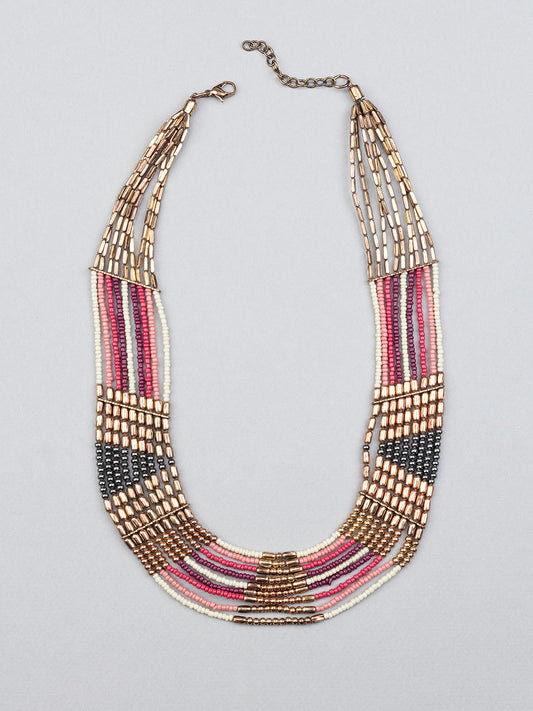 Gold And Pink Coloured Beaded Necklace