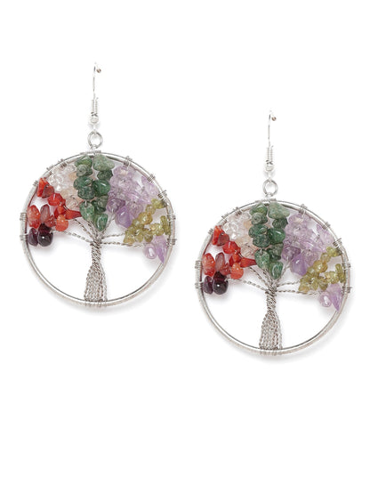 Multicoloured Silver-Plated Agate-Studded Circular Drop Earrings