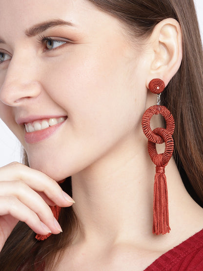 Rust Red Tasselled Circular Drop Earrings
