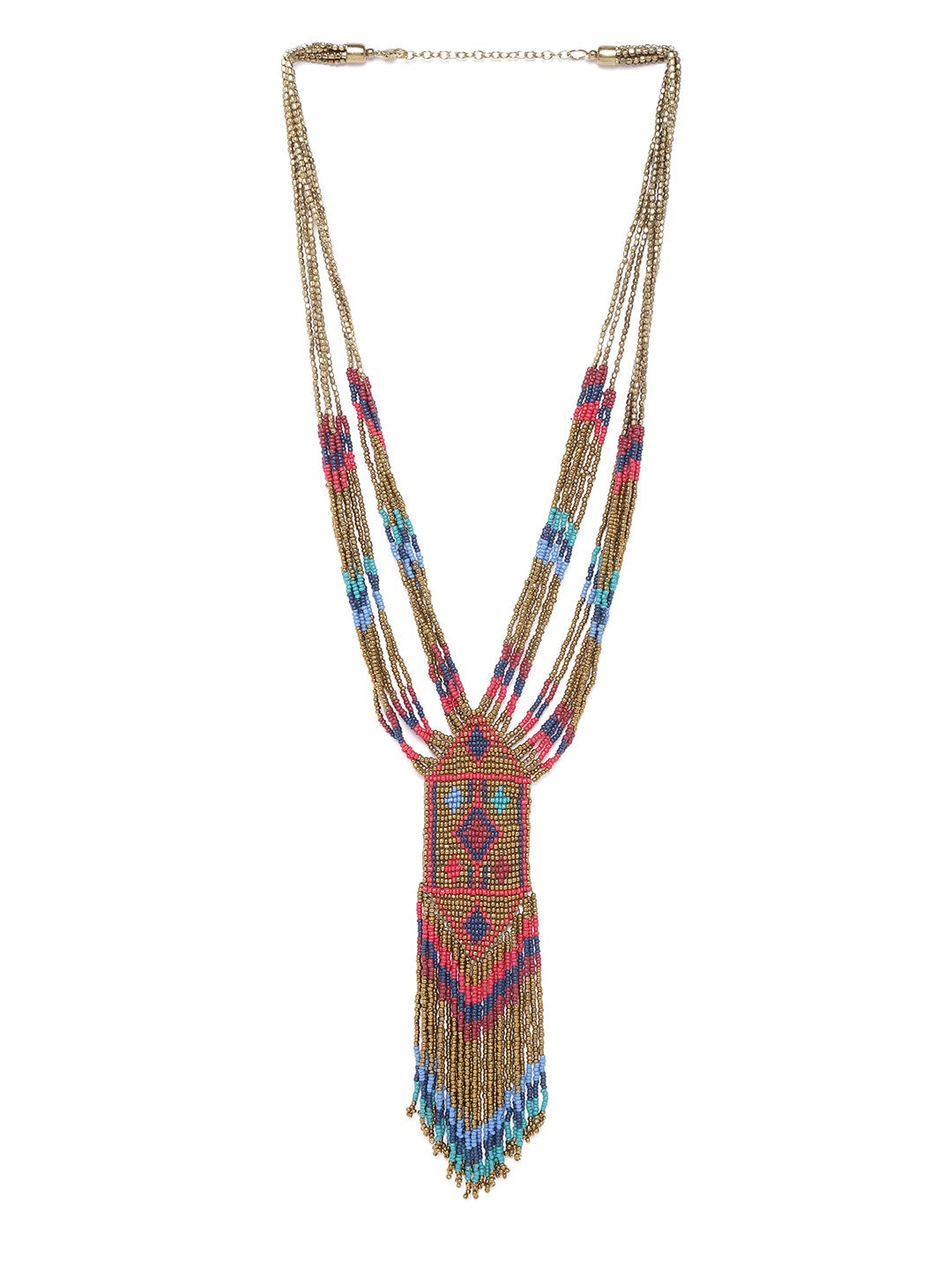 Pink & Blue Antique Gold-Plated Beaded Tasselled Multistranded Necklace