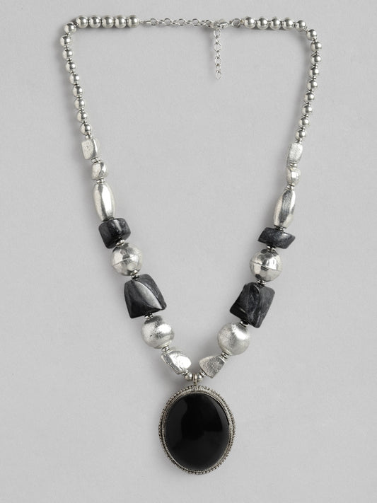 Silver-Toned & Black Silver-Plated Beaded Necklace