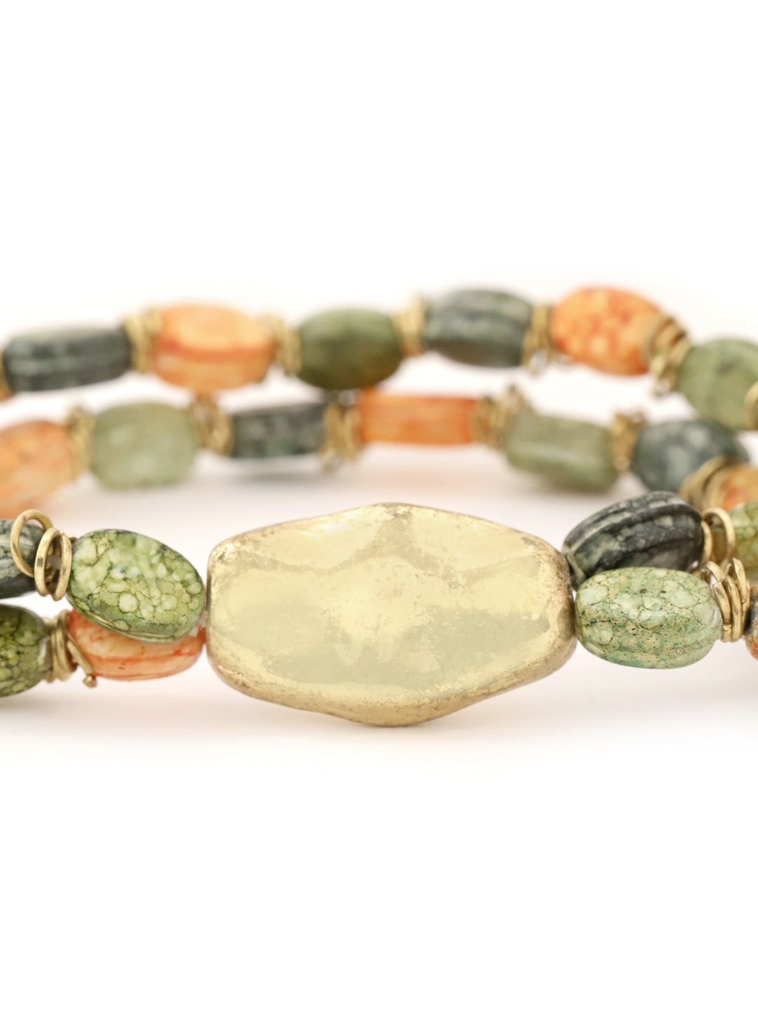 Olive Green & Orange Gold-Plated Beaded Dual-Stranded Elasticated Bracelet