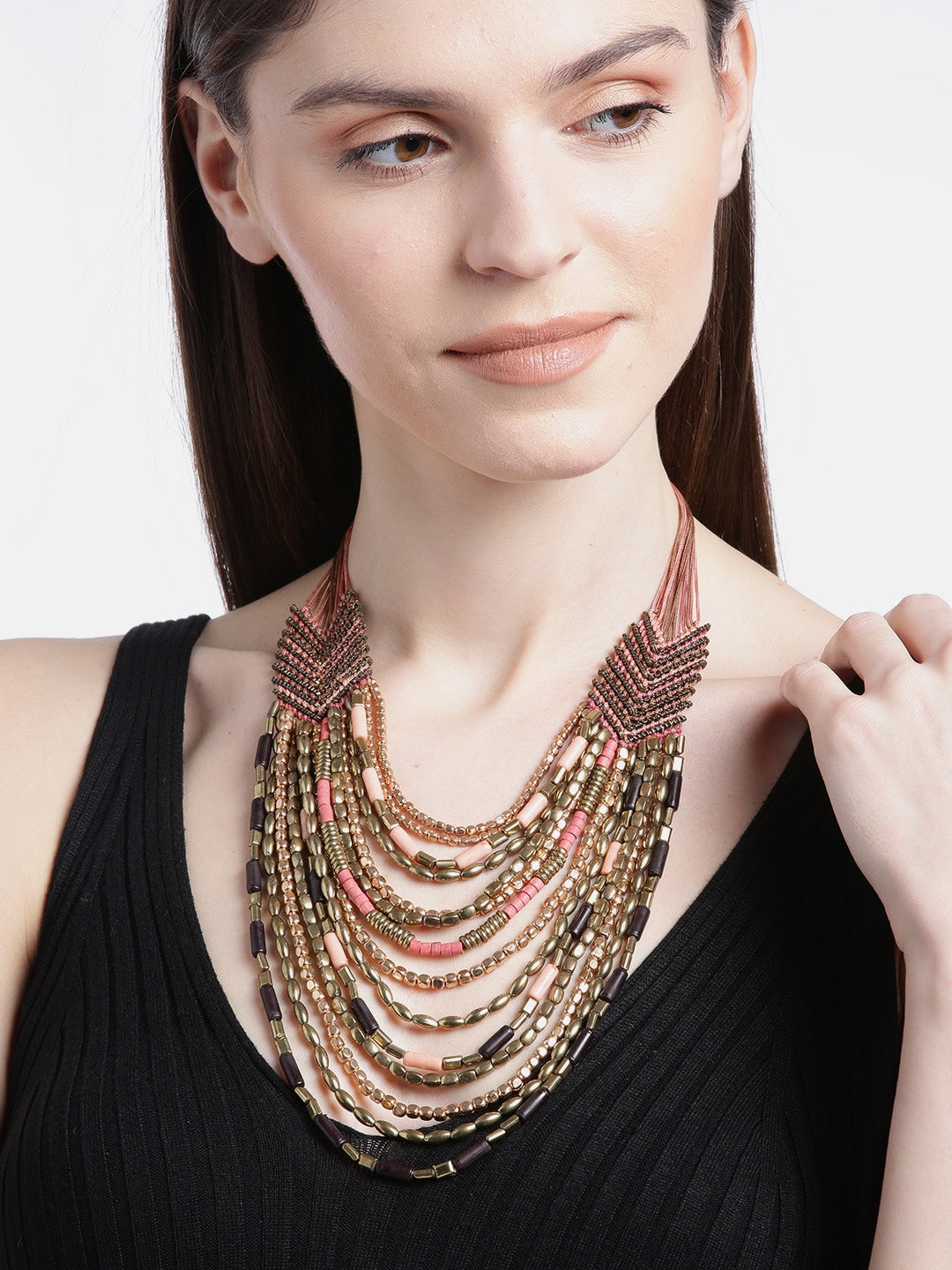 RICHEERA Pink & Black Gold-Plated Layered Beaded Necklace