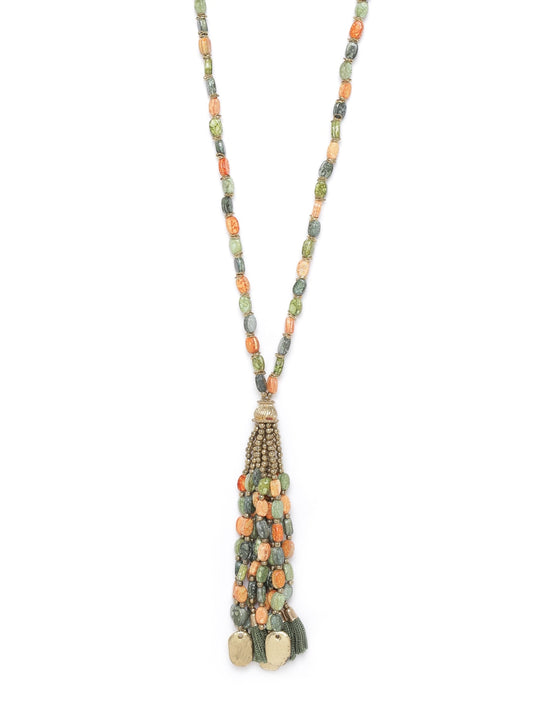 Olive Green & Peach-Coloured Antique Gold-Plated Beaded Tasselled Necklace