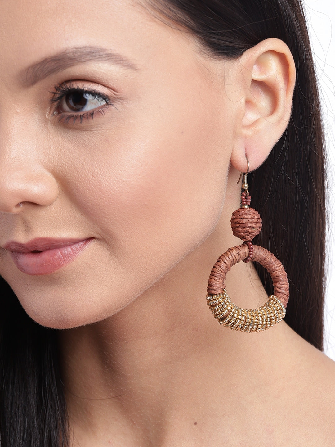 RICHEERA Brown & Gold-Toned Beaded Circular Drop Earrings
