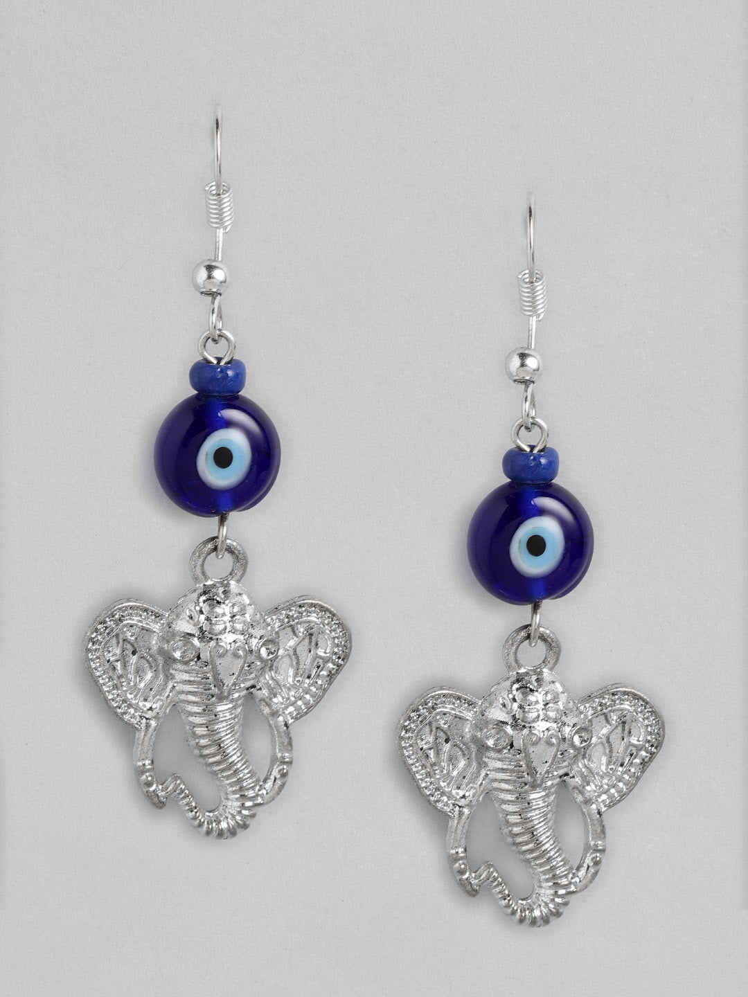 Silver-Toned & Blue Evil Eye Drop Earrings