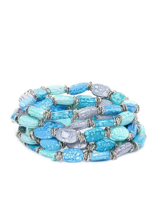 Set of 5 Turquoise Blue & Sea Green Silver-Plated Beaded Elasticated Bracelets