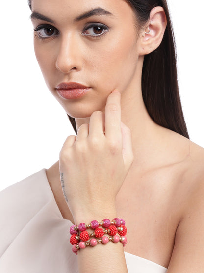 Women Set of 3 Pink & Red Gold-Plated Elasticated Bracelet