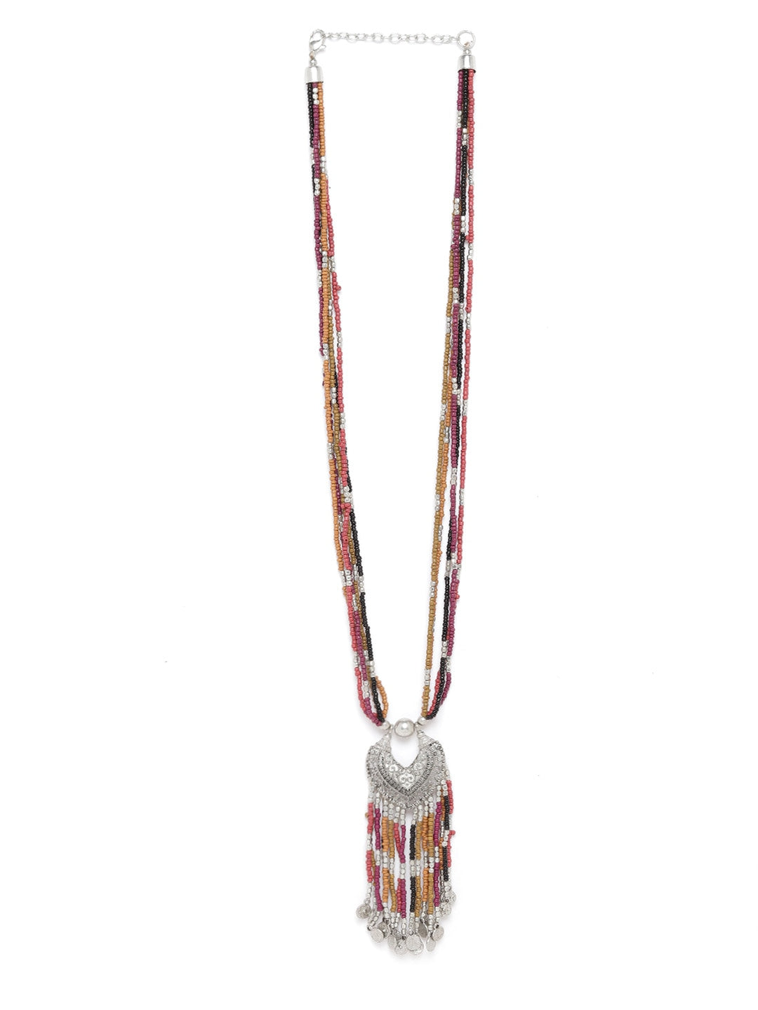Women Multicoloured Oxidised Silver-Plated Beaded Tasselled Tribal Necklace