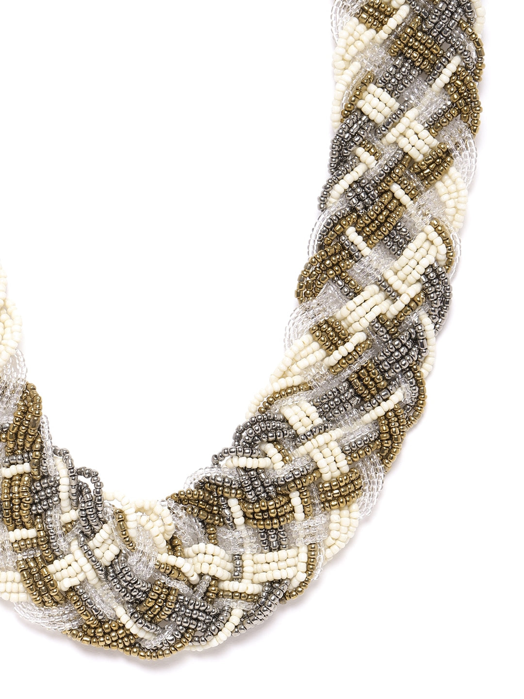 RICHEERA Women Antique Silver-Toned & Cream-Coloured Gold-Plated Beaded Braided Necklace