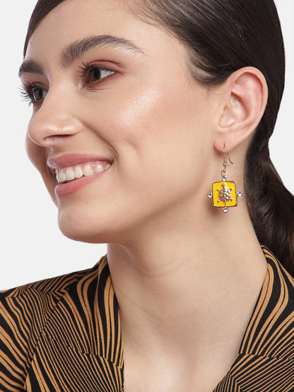 RICHEERA Yellow & Gold-Toned Square Drop Earrings
