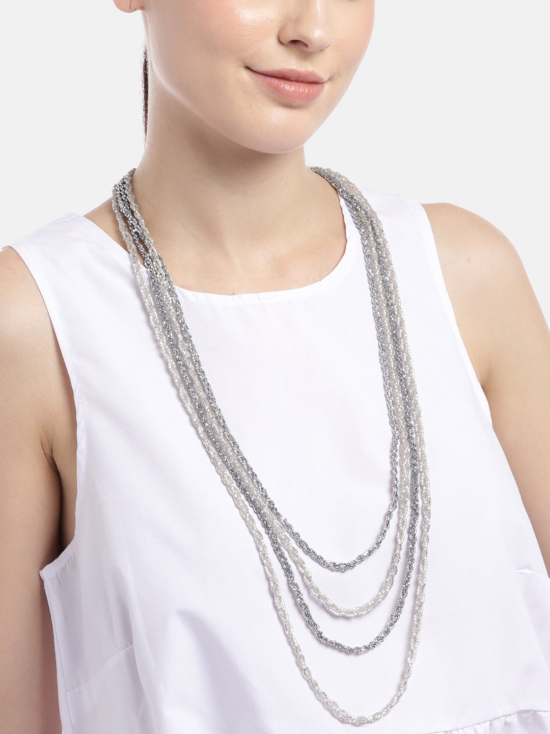 Silver-Plated Beaded Multi-Layered Statement Necklace