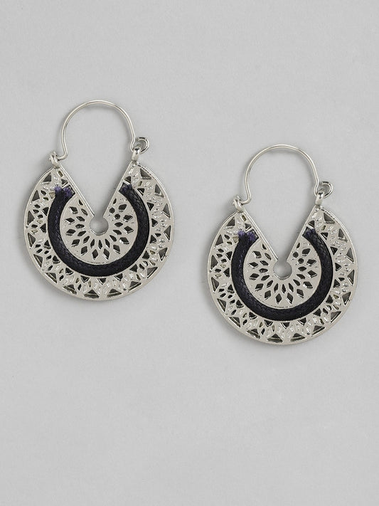 Silver -Toned & Black Circular Drop Earrings