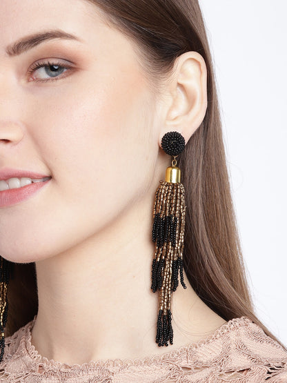 RICHEERA Black & Bronze-Toned Gold-Plated Beaded Tasselled Contemporary Drop Earrings