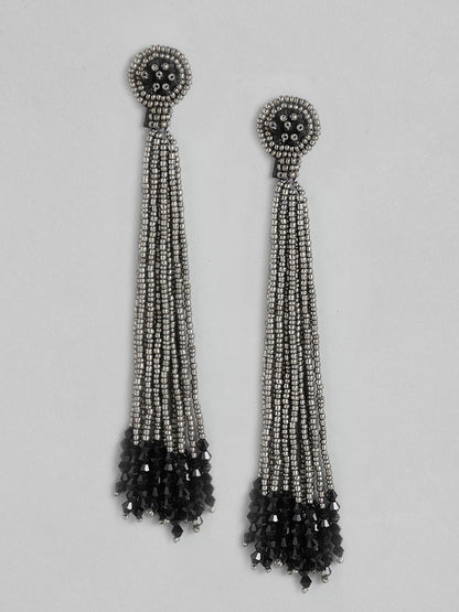 Silver-Toned & Black Teardrop Shaped Drop Earrings