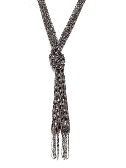 Women Taupe & Gunmetal-Toned Beaded Tasselled Knot Necklace