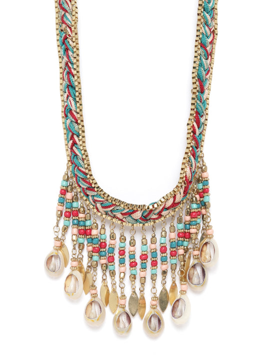 Women Green & Peach-Coloured Gold-Plated Beaded Sea Shell Detail Tribal Necklace