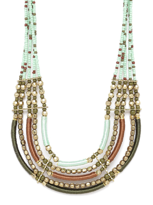 Women Green & Copper-Toned Antique Gold-Plated Beaded Layered Tribal Necklace