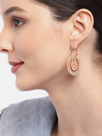 Gold-Toned & Rust Orange Circular Drop Earrings