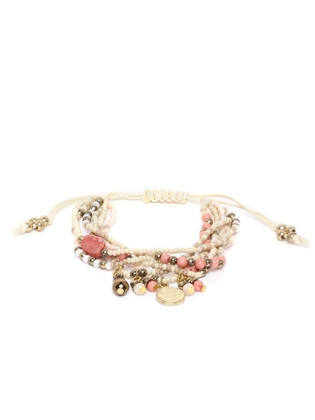 Peach-Coloured & Off-White Gold-Plated Beaded Multistranded Bracelet