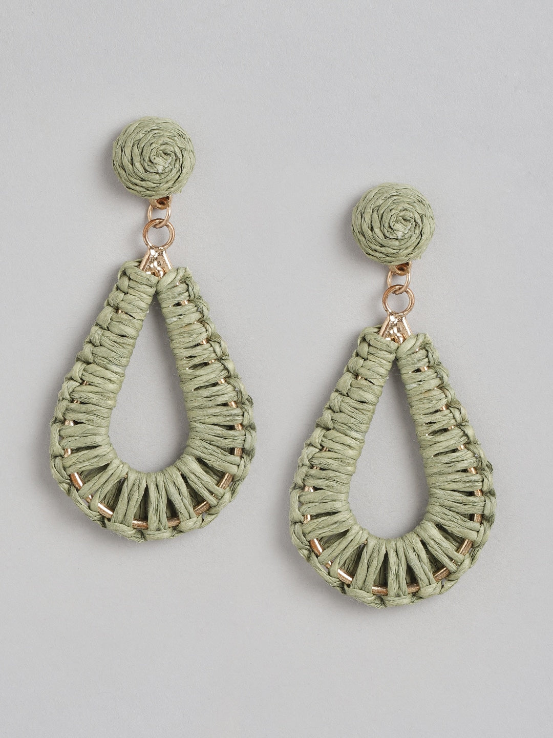 Green & Gold-Toned Teardrop Shaped Drop Earrings