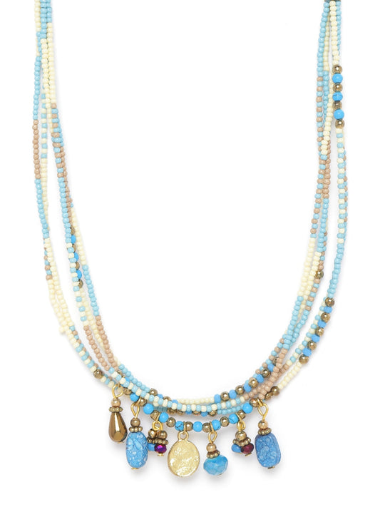 Women Blue & Off-White Antique Gold-Plated Beaded Necklace