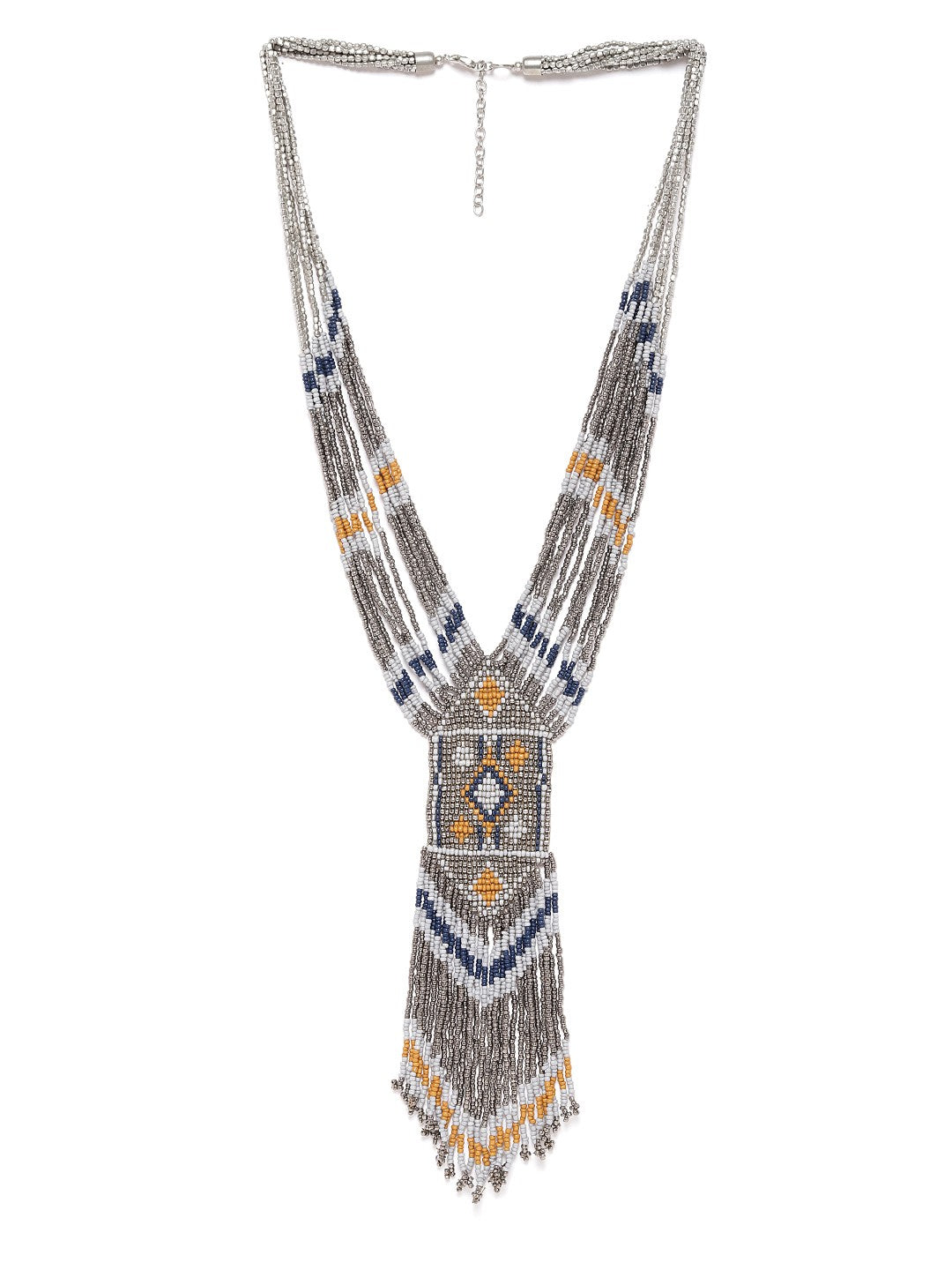 Women Grey & Blue Silver-Plated Beaded Tasselled Necklace