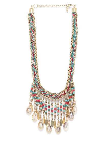 Women Green & Peach-Coloured Gold-Plated Beaded Sea Shell Detail Tribal Necklace