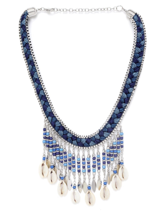 Blue Silver-Plated Beaded Sea Shell Detail Braided Tribal Necklace